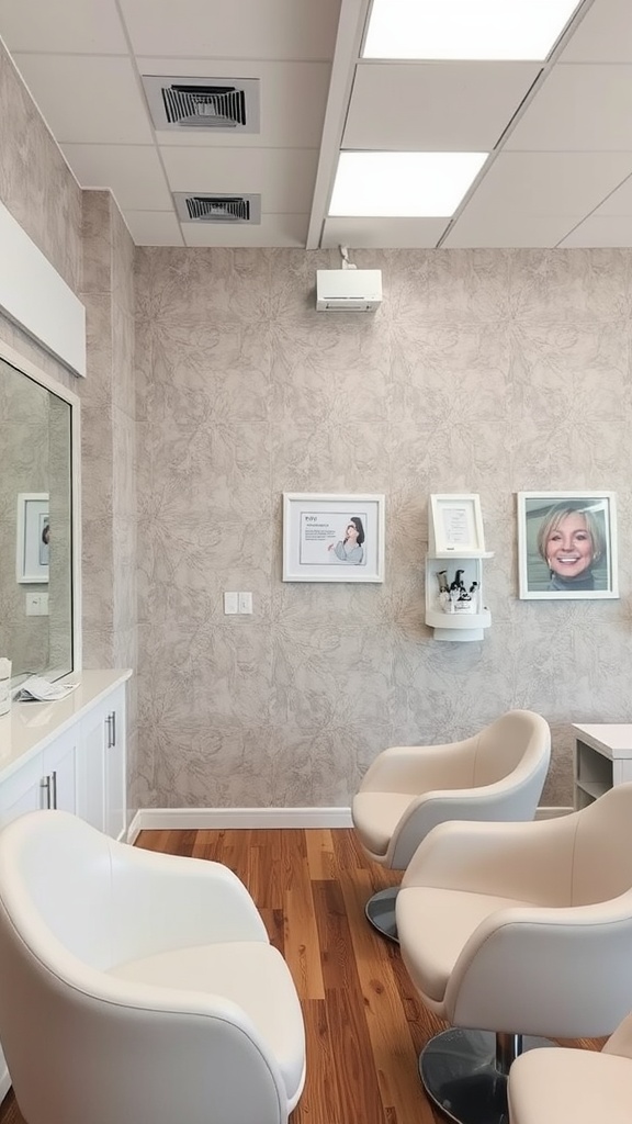 Interior of a nail salon with textured walls and modern seating.
