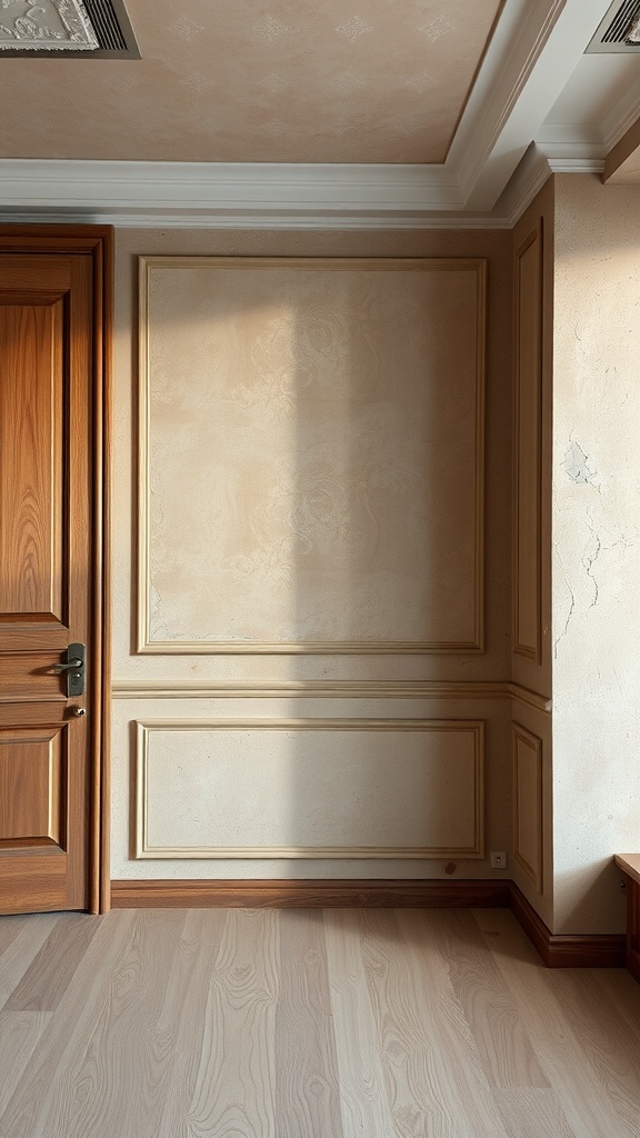 Interior of a luxury house with textured walls and wooden door
