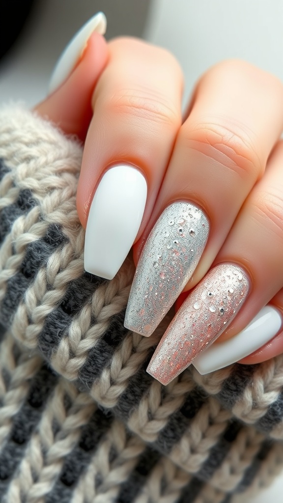 Textured white chrome nails with a mix of white and chrome finish showing detail and shine.