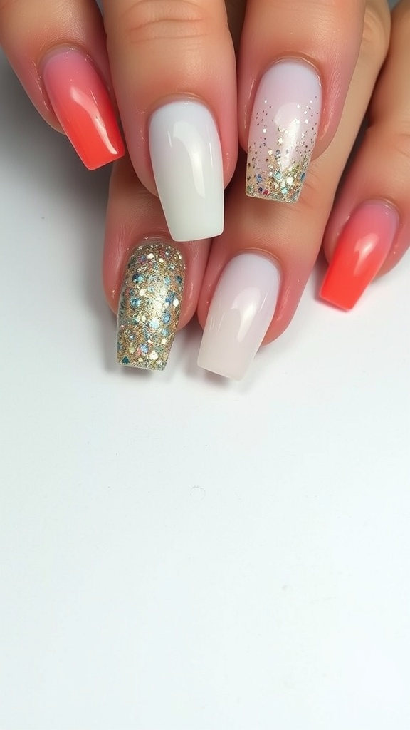 Square acrylic nails with various textures and finishes, including glossy and glitter designs.