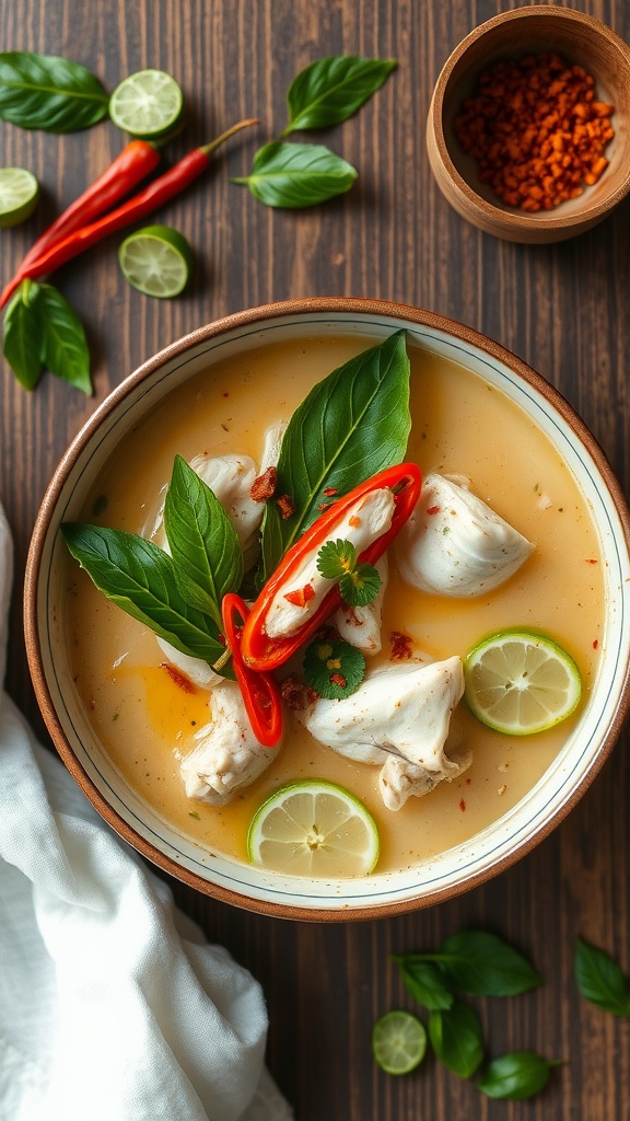 A bowl of Thai chicken coconut soup garnished with lime, chilies, and basil.