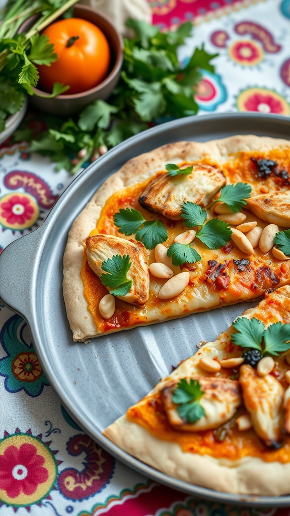 A delicious Thai Chicken Keto Pizza topped with peanuts and cilantro.
