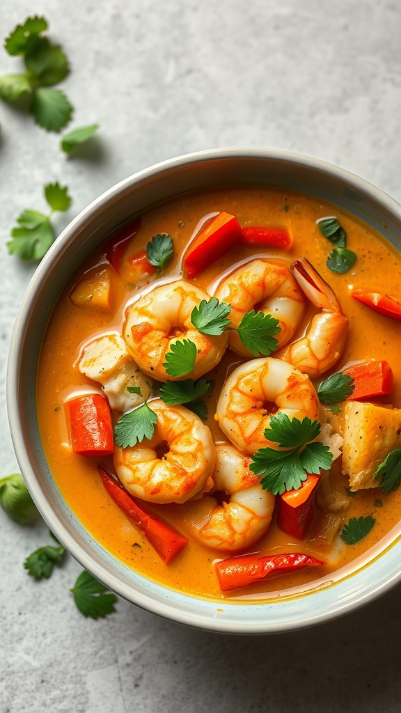 A bowl of Thai shrimp and vegetable curry with vibrant colors and garnished with cilantro.