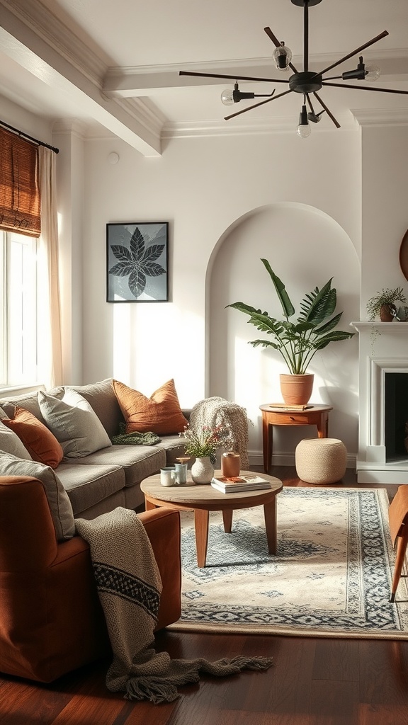 Cozy modern classic interior with layered textures, featuring a soft sofa, wooden furniture, and decorative plants.