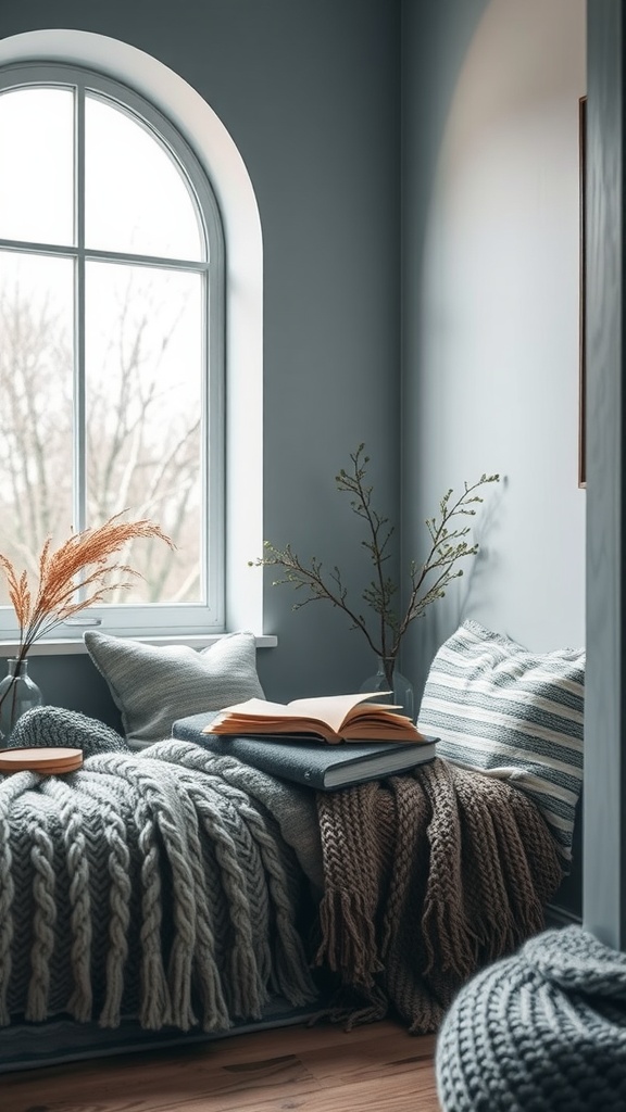 Cozy nook with soft textiles and natural elements
