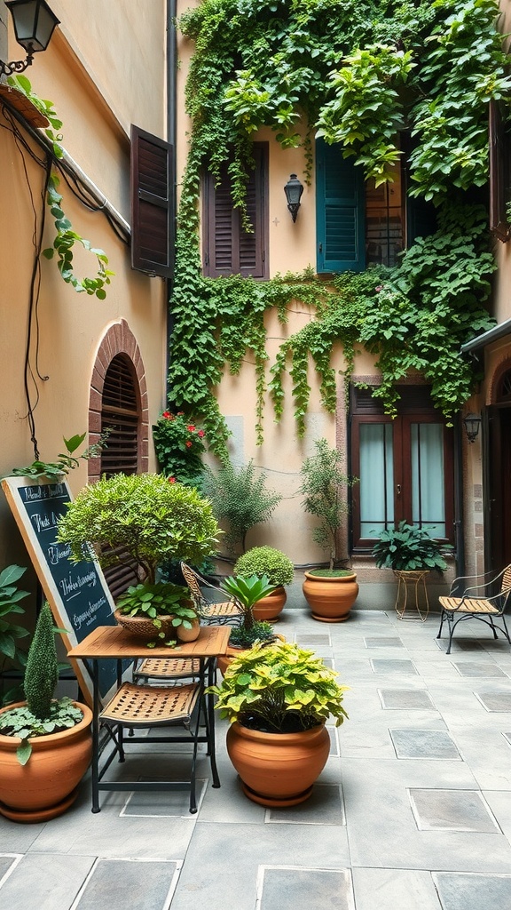 A beautiful Italian courtyard with greenery, potted plants, and cozy seating.