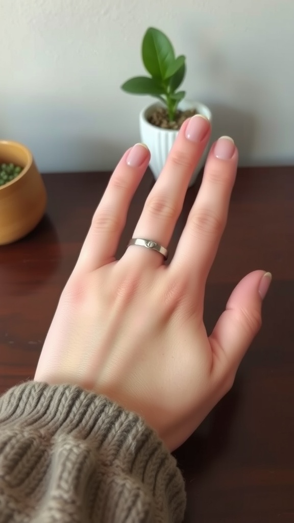 A hand displaying oval nails with a neutral polish, showcasing a comfortable length.