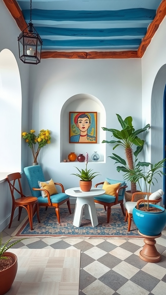 A cozy living space featuring Mediterranean colors with blue ceiling and plants.