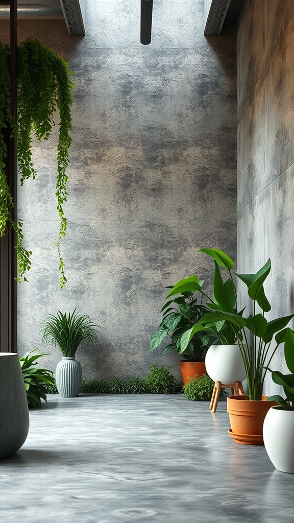 Interior space featuring concrete walls with plants and natural light.