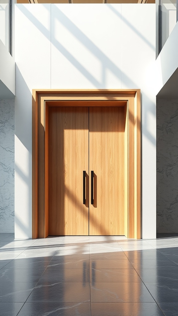 A pair of elegant wood doors in a modern interior space.