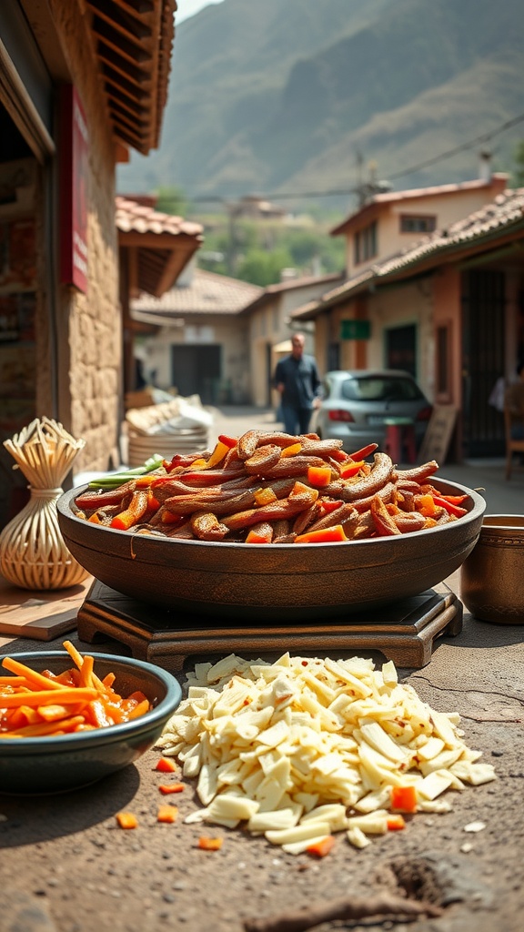 A plate of lomo saltado with vibrant vegetables and beef