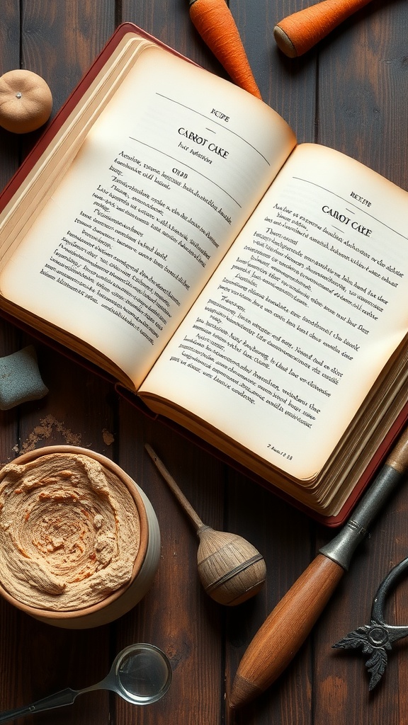 A vintage recipe book open to a page about carrot cake, surrounded by baking tools and ingredients.