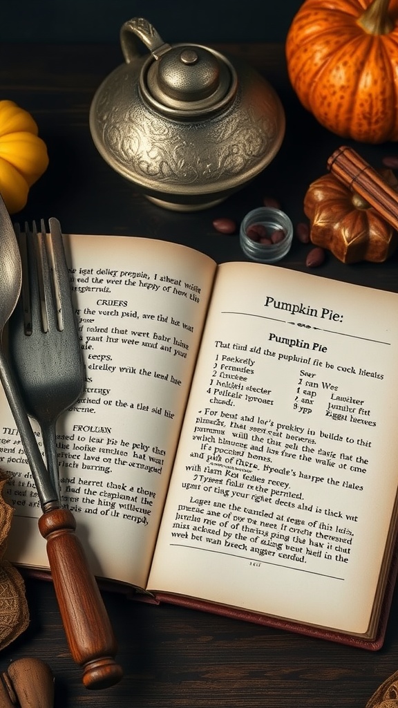 A vintage recipe book open to a pumpkin pie recipe, with decorative pumpkins and cooking utensils nearby.