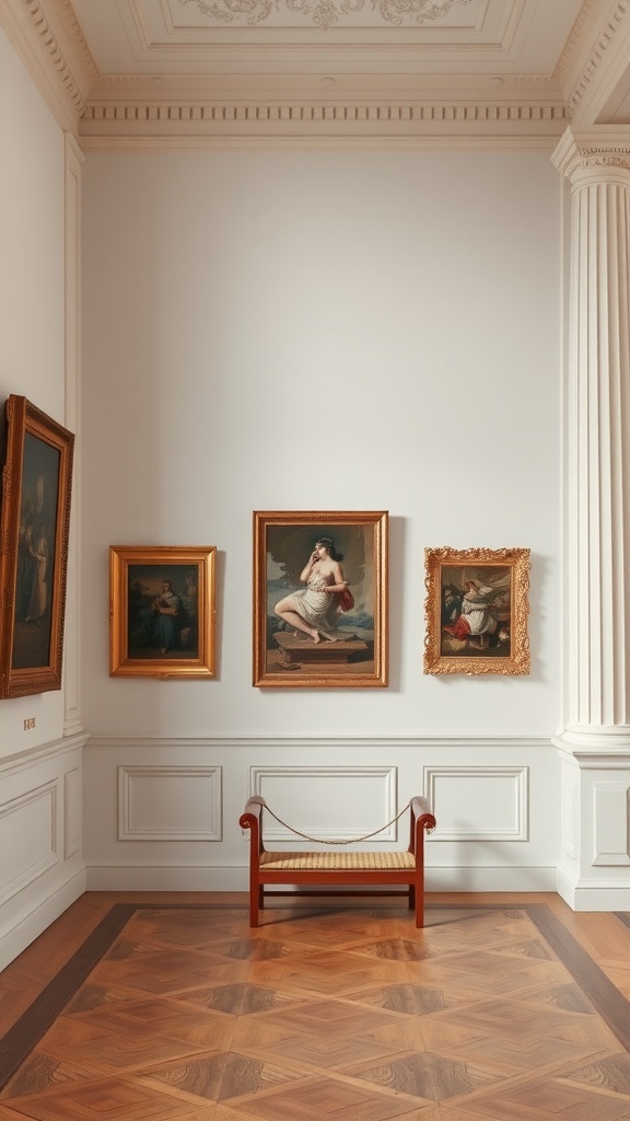 A neoclassical interior featuring a bench and various framed artworks on the wall.