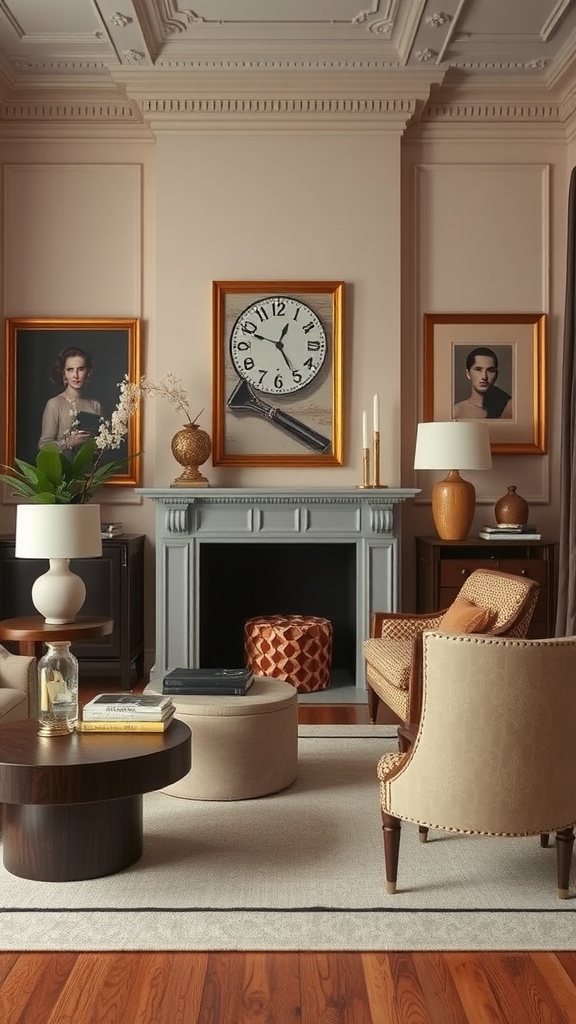 A stylish living room featuring classic interior design with bold accessories like a large clock and colorful pouf.