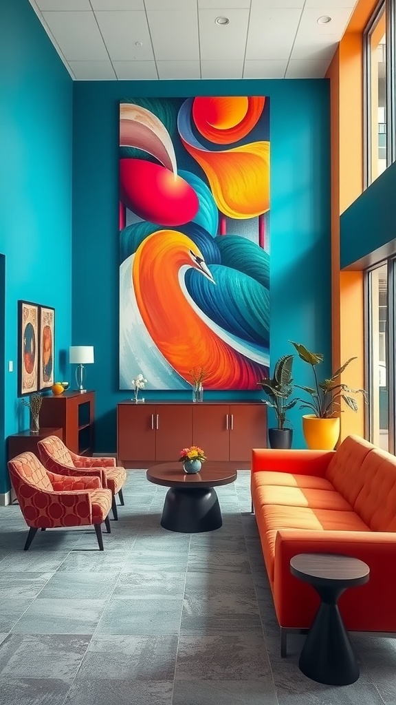 Vibrant lobby interior design featuring colorful walls and furniture.