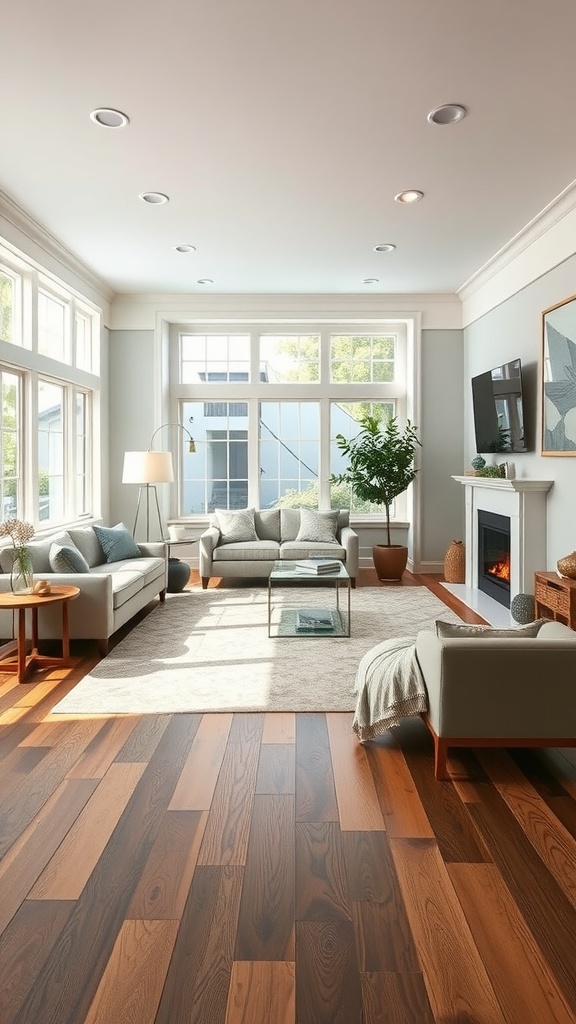 A bright living room with large windows, wooden flooring, and cozy seating.