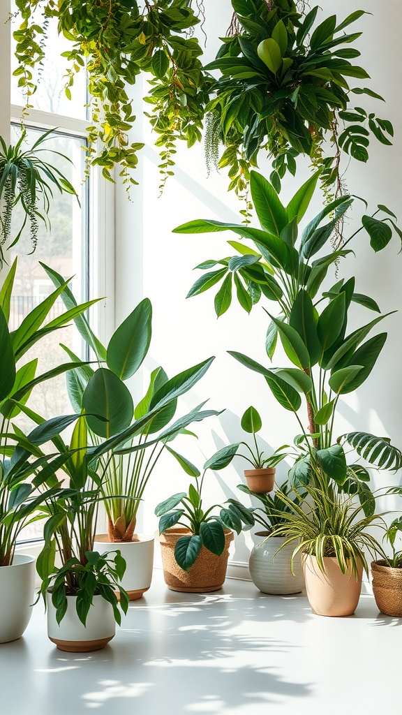 A collection of indoor plants arranged near a sunlit window
