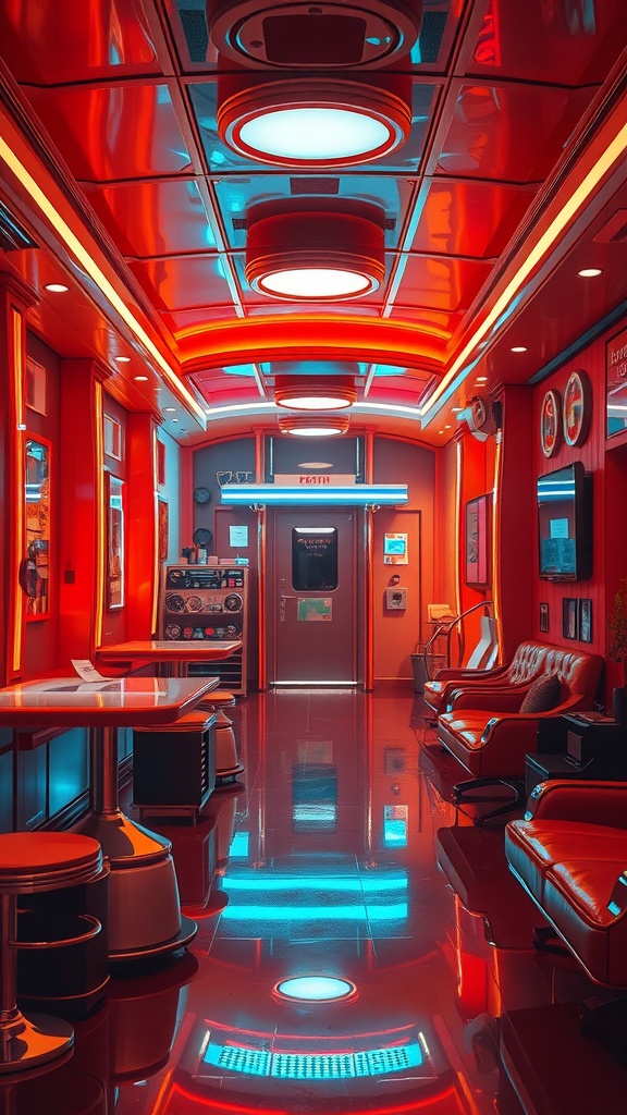 A brightly lit retro futurism interior with red walls and futuristic lighting