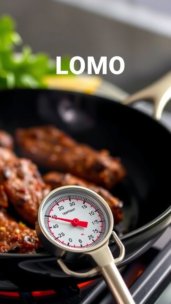 A cooking thermometer positioned over beef in a skillet, showcasing the importance of cooking temperature in lomo saltado.