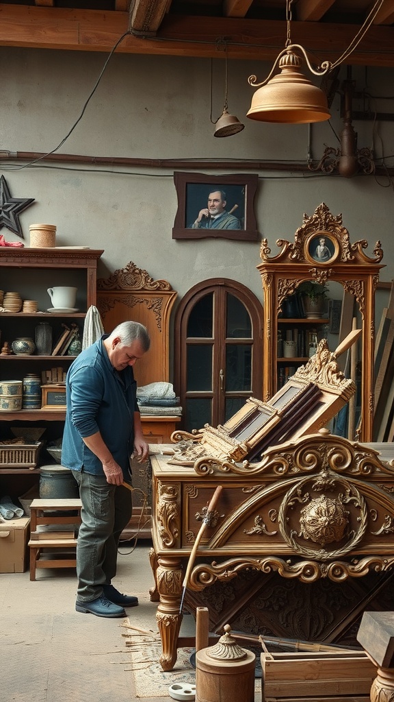 A craftsman working on an ornate piece of furniture in a workshop.
