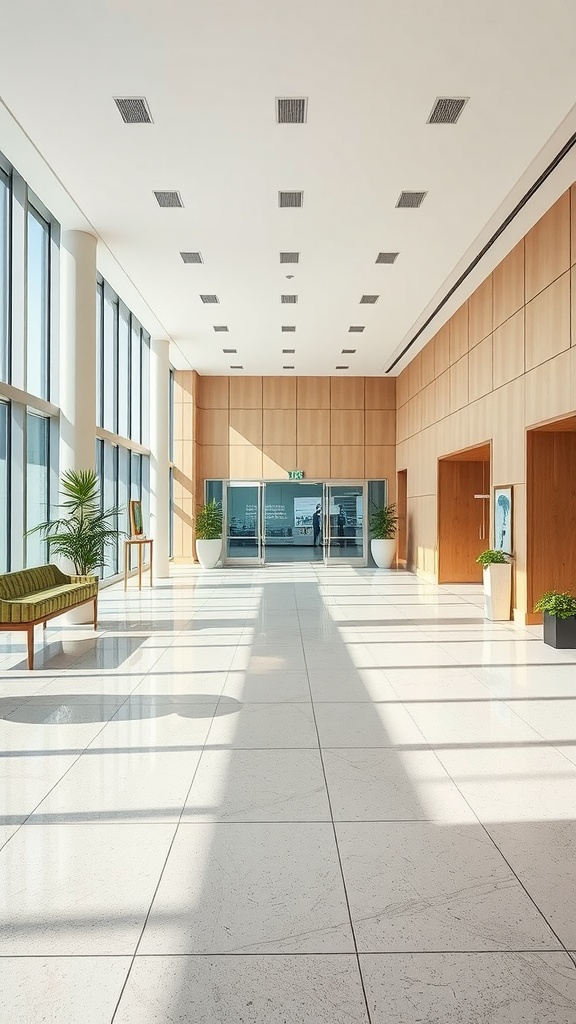 A bright and spacious lobby with large windows, wooden accents, and modern furniture.