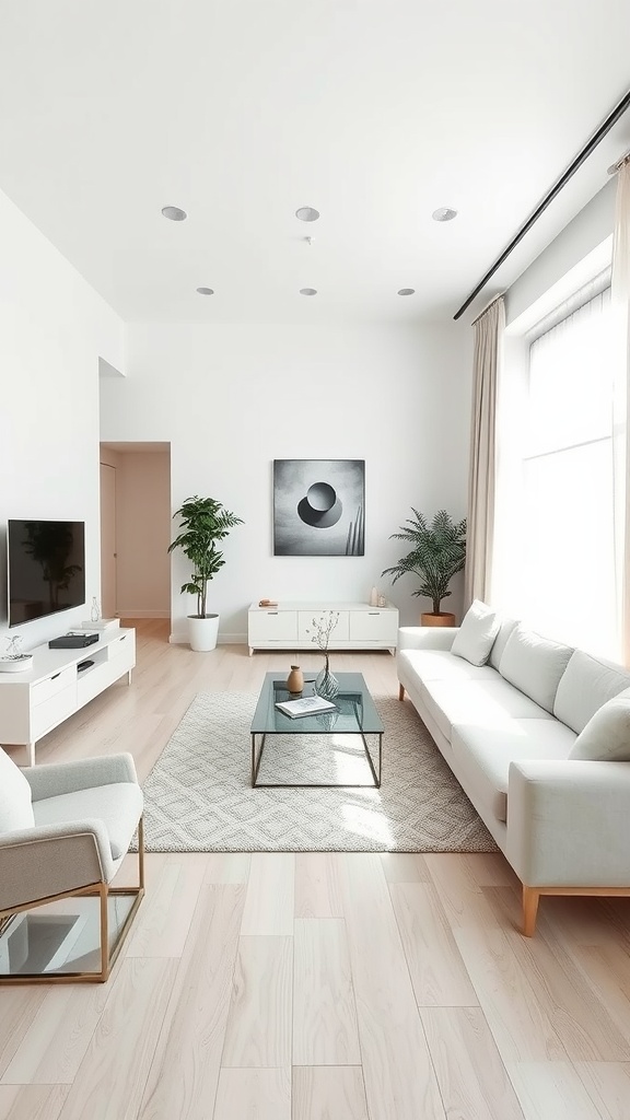 A bright and airy Nordic living room with minimal furniture and natural light.
