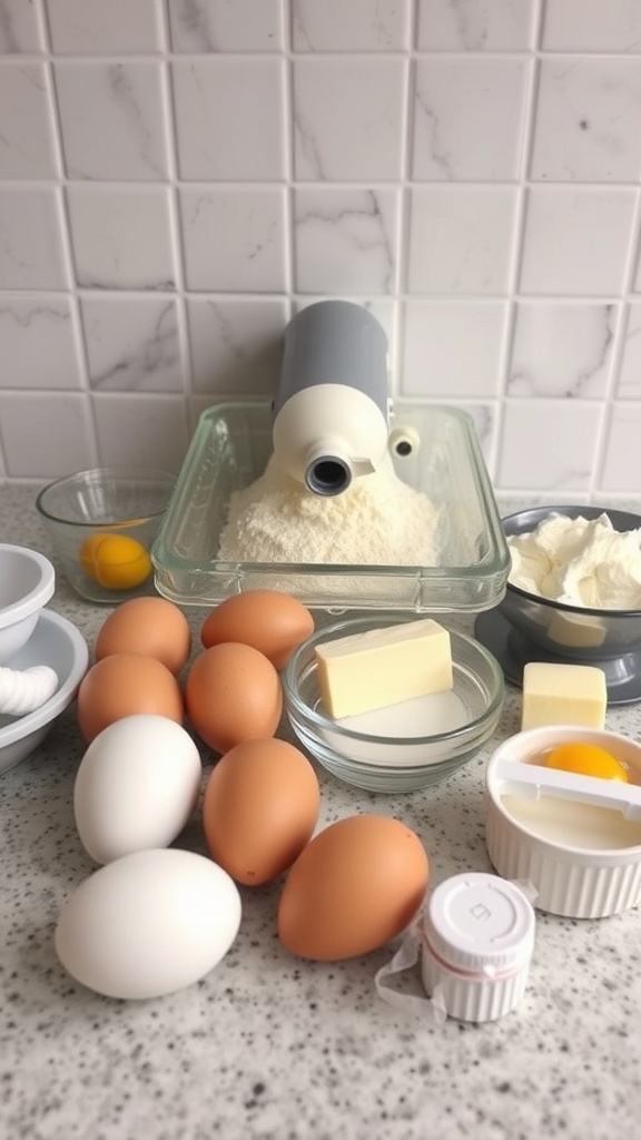 Ingredients for making a cake, including flour, eggs, butter, and cream cheese.