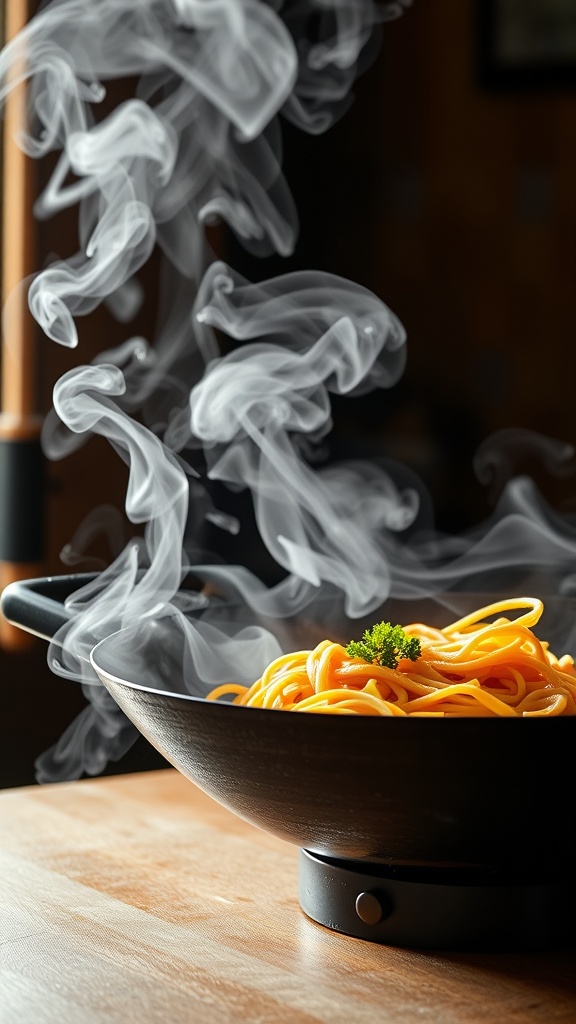A pan of steaming Hakka noodles with vegetables, garnished with parsley.