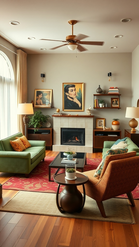 A cozy retro-inspired living room featuring green and orange furniture with artistic decor.