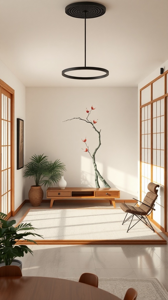 A minimalist interior featuring a wall with a tree branch design, surrounded by natural light and plants.