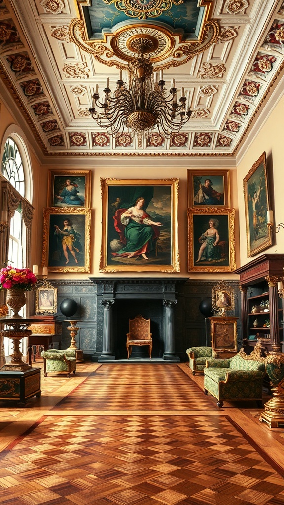 Elegant room featuring Renaissance art, ornate ceiling, and wooden flooring.