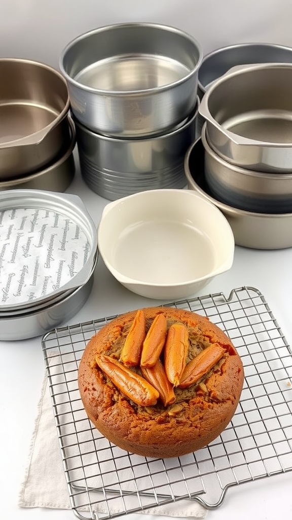 A variety of baking pans stacked behind a freshly baked carrot cake topped with carrot pieces.