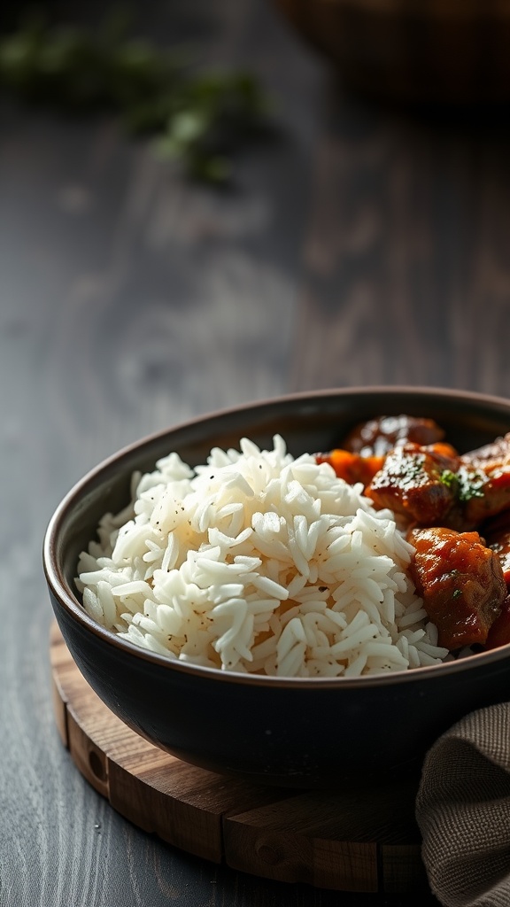 A bowl of fluffy white rice ready to accompany a flavorful dish.