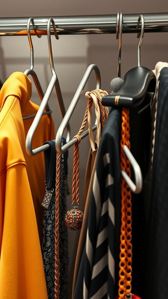 A stylish wardrobe featuring colorful clothing and accessories hanging on a rack.