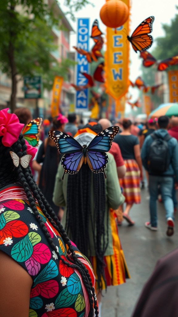 A crowd celebrating with butterfly locs, adorned with colorful outfits and butterfly decorations.