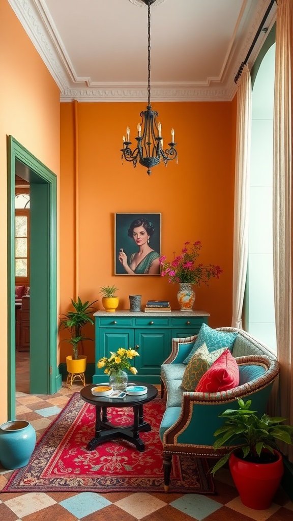 A vibrant Italian interior showcasing a mix of bright colors and stylish decor.