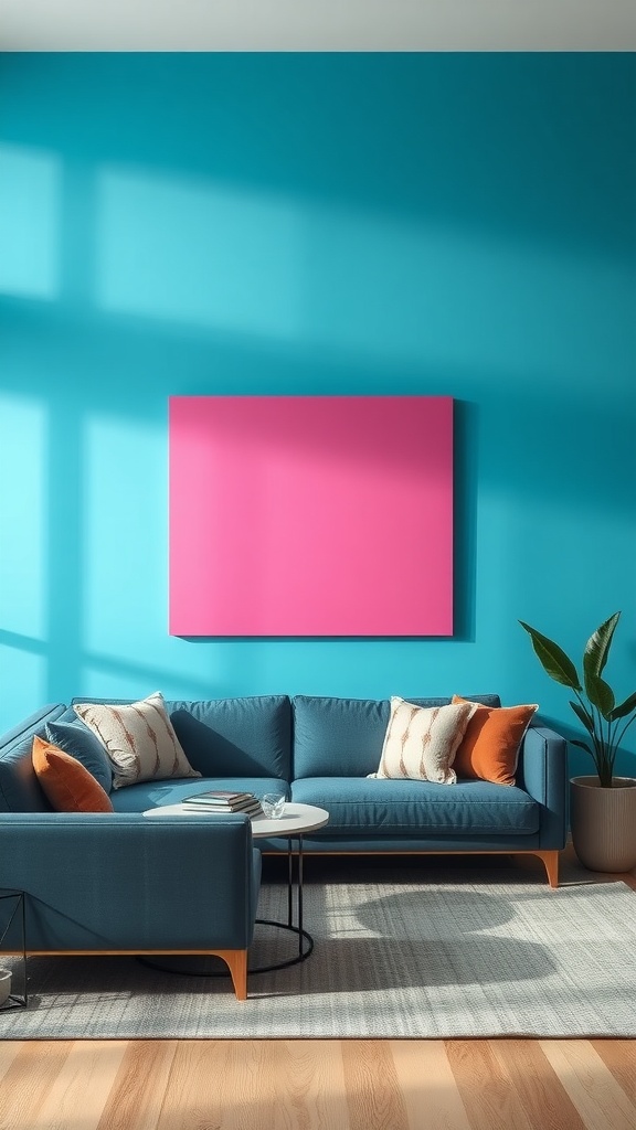 Brightly colored living room with teal walls and a pink artwork, featuring a blue sofa with orange and white cushions.