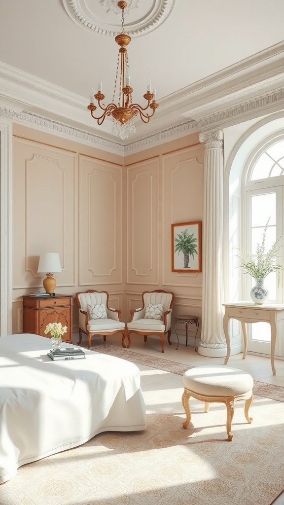 A bright and airy neoclassical interior, featuring soft beige walls and elegant furnishings.