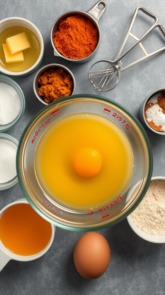Ingredients for pumpkin pie including eggs, pumpkin puree, and spices
