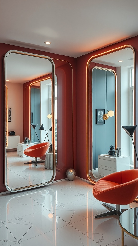 Interior view featuring large mirrors and a retro-style chair in a colorful room.