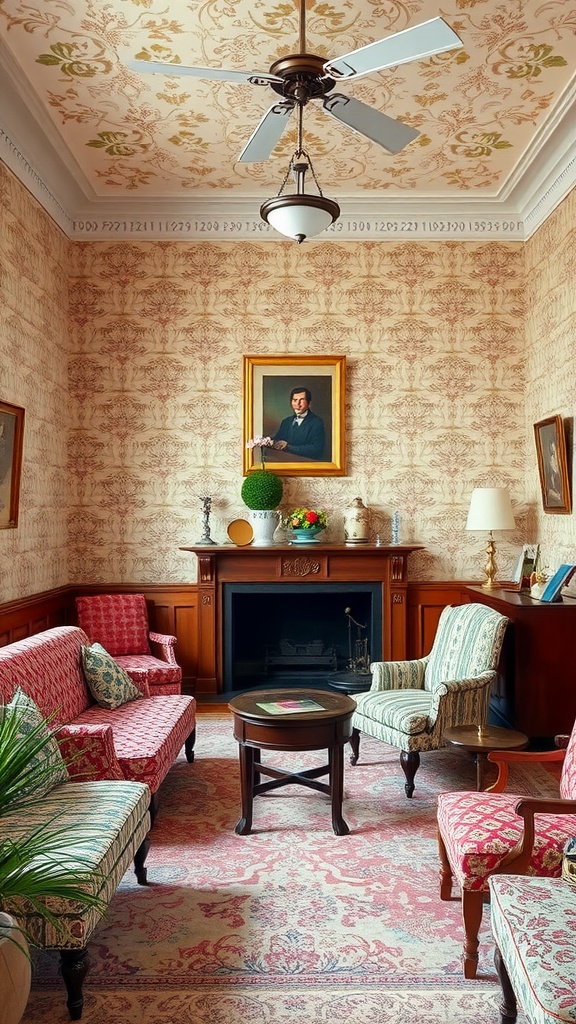 Cozy colonial chic living room with patterned upholstery and floral wallpaper.