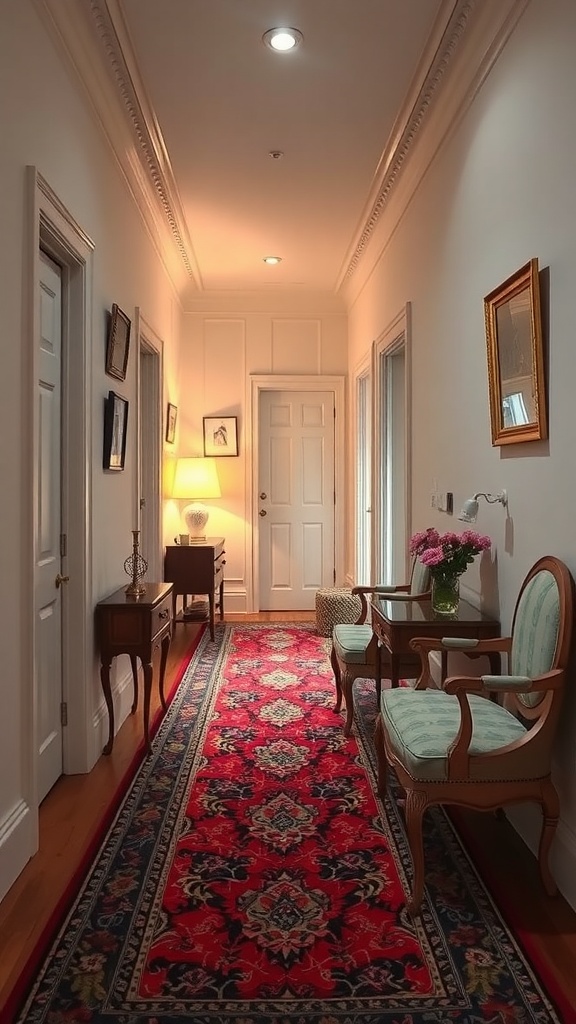 A hallway featuring a Persian rug with rich colors and traditional decor.