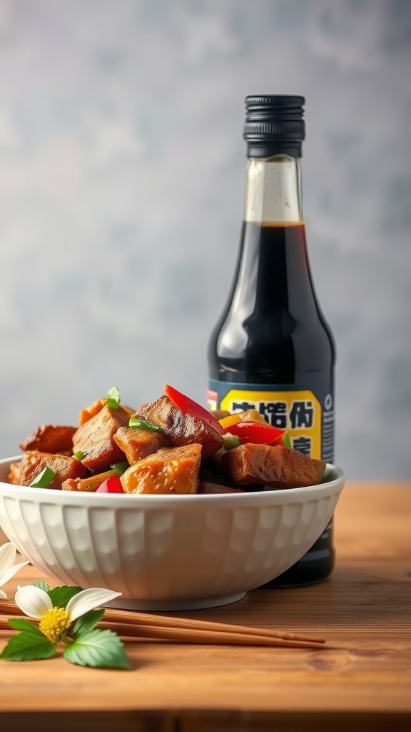 A bowl of lomo saltado with a bottle of soy sauce next to it