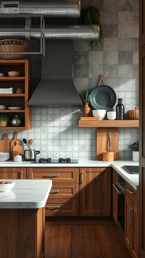 A modern kitchen featuring wooden cabinets, stone backsplash, and metal accents.
