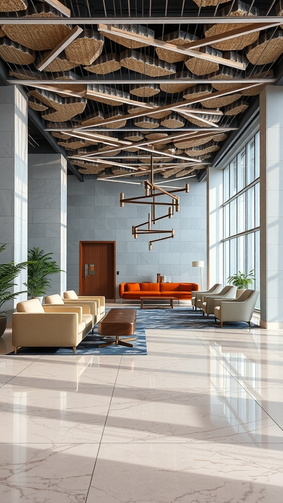 A modern lobby interior showcasing various textures including a woven ceiling, plush seating, and sleek marble floors.