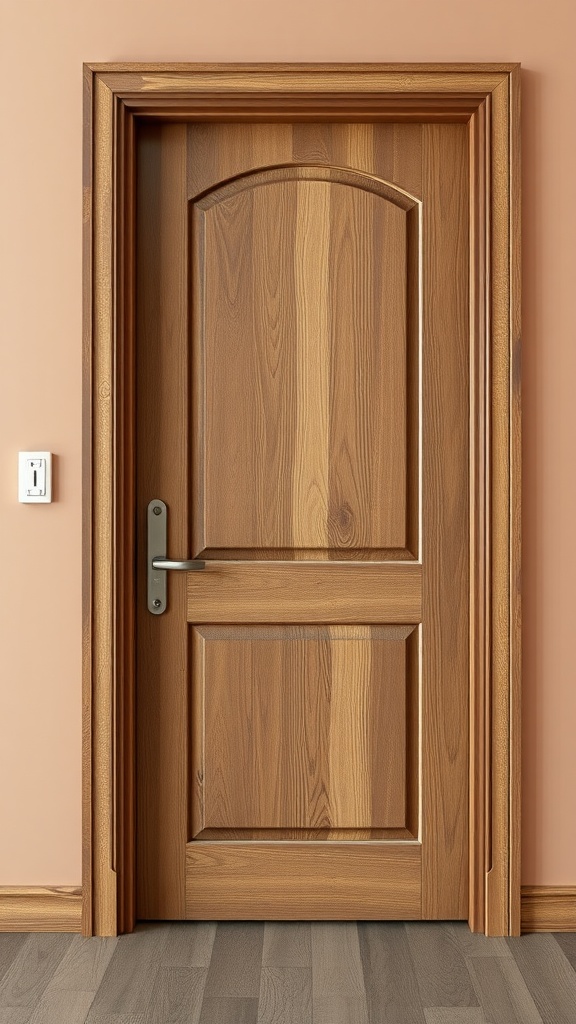 Interior wood door with a simple design against a peach wall