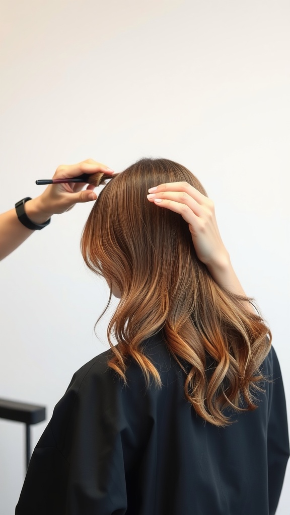 A stylist applying color to a client's hair for a bronde look.