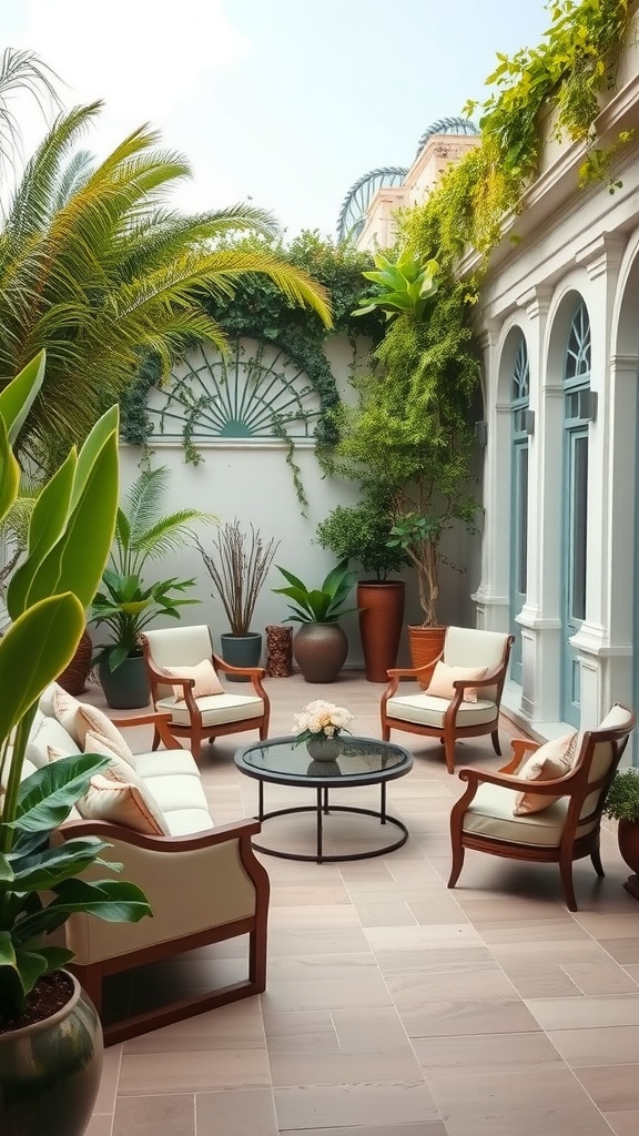 Elegant outdoor seating area with lush plants and classic furniture.