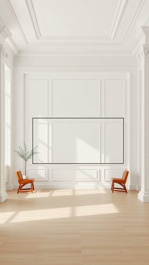 A neoclassical interior with emphasis on proportions, featuring two chairs and a minimalist design.